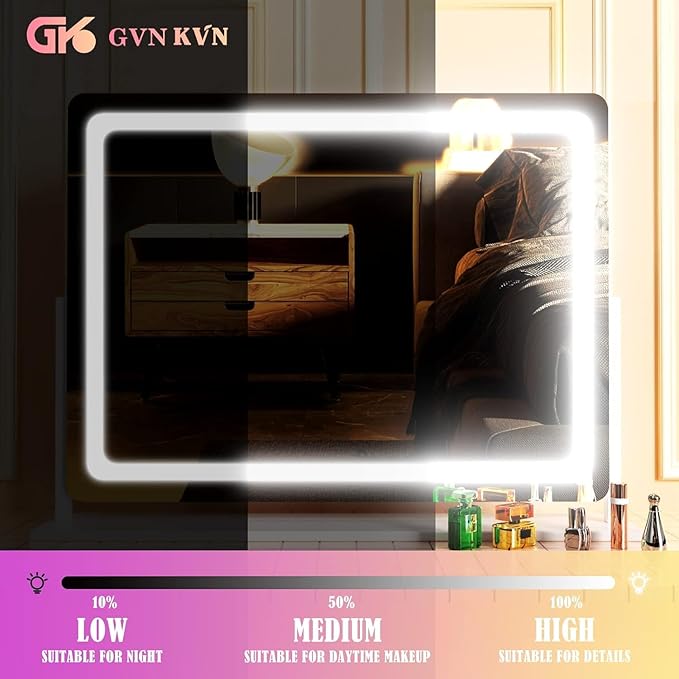 Gvnkvn Makeup Vanity Mirror with USB Charging Port 19" L x 24" W LED Makeup Mirror, Desk Mirorr with Lights, Light up Mirror with 10X Magnification and, Dimmable 3 Modes, Touch Control Gold