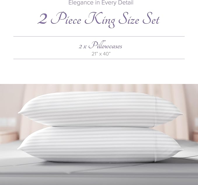Carressa Linen 100% Egyptian Cotton King Size Pillow Cases Set of 2 - Luxury 600 Series Hydrangeas Collection Damask King Pillowcases (White Stripe), Soft, Cooling Breathable Sateen Hotel Quality