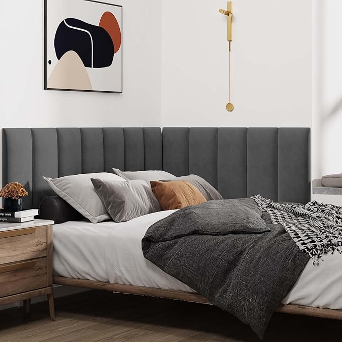 IFNOW Wall Mounted Upholstered Headboard, 3D Peel and Stick Soundproof Wall Panels, Reusable Padded Leather Bed Headboard, 6 Panels 9.84" x 23.62", Dark Grey