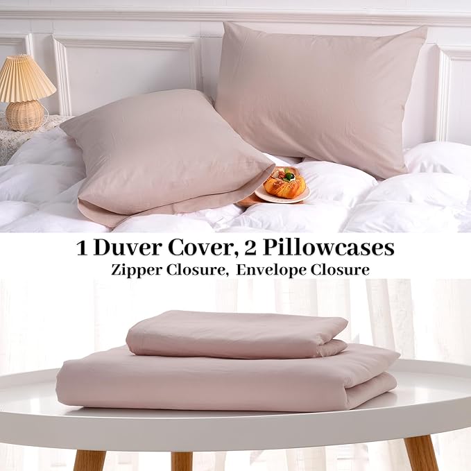 NEXHOME PRO Duvet Cover Set Queen Size Linen Look Textured Organic Natural 100% Washed Cotton Duvet Cover Greyish Light Pink 3 Pieces Bedding Set with Zipper Closure, Breathable (No Comforter)