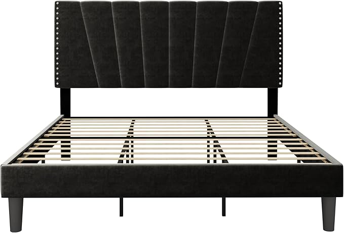 Allewie King Size Bed Frame with Adjustable Velvet Upholstered Headboard, Rivet-Style Nailhead Trim Detail Platform Bed Frame, Wooden Slat Support, No Box Spring Needed, Easy Assembly, Black