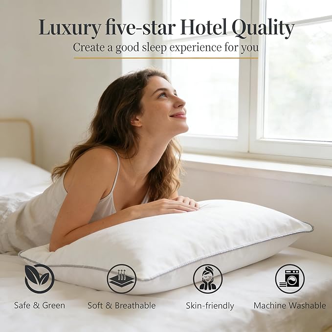 Luxury Down Feather Pillow Set of 2 - Queen/King Bed Pillows for Sleeping with Premium 100% Cotton Cover (Queen)