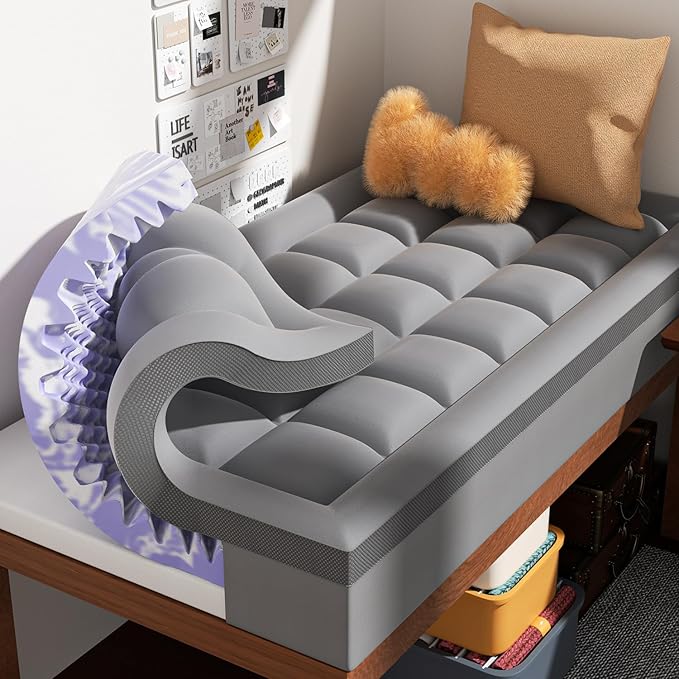 ChiXpace 4 Inch Twin XL Mattress Topper Dual Layer Memory Foam Mattress Topper, Soft Pillow Top Mattress Cover, Gel Foam Mattress Egg Crate Design, Twin XL Size Mattresses Pad (Grey)