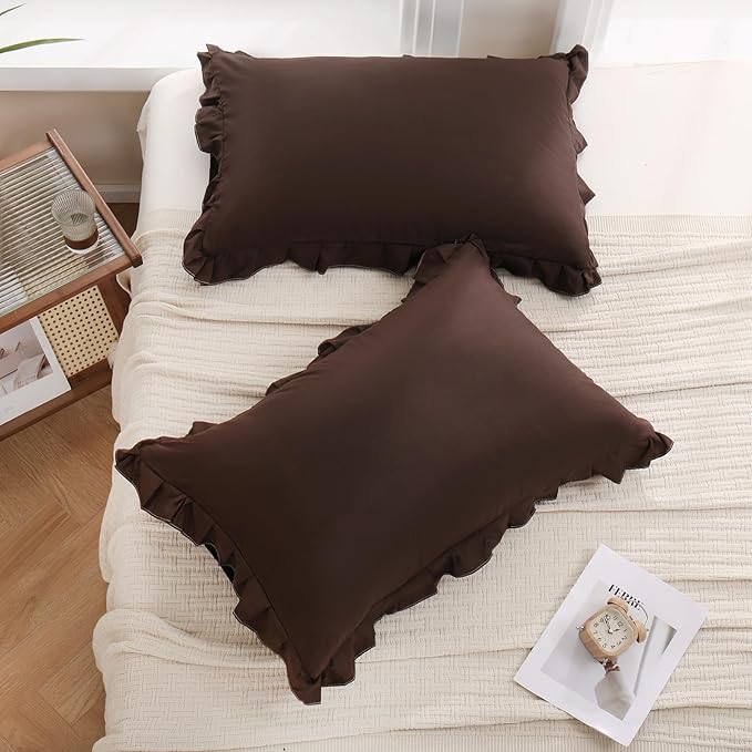 Merryword Dark Brown Pillow Shams Chocolate King Pillowcases Cute Pillow Cover Set of 2 Soft Shabby Chic Ruffled Pillowcases 2 Pack (King (20''x36''), Chocolate)