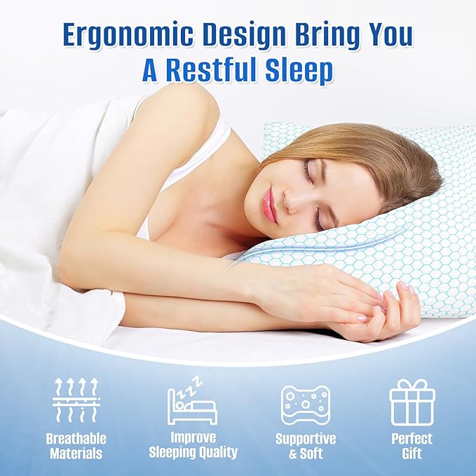 CushyOasis Shredded Memory Foam Pillow for Sleeping, Cooling Bed Pillows Set of 2, Adjustable Pillows for Side, Back, Stomach Sleepers with Washable Pillowcase (Standard Size, Blue)