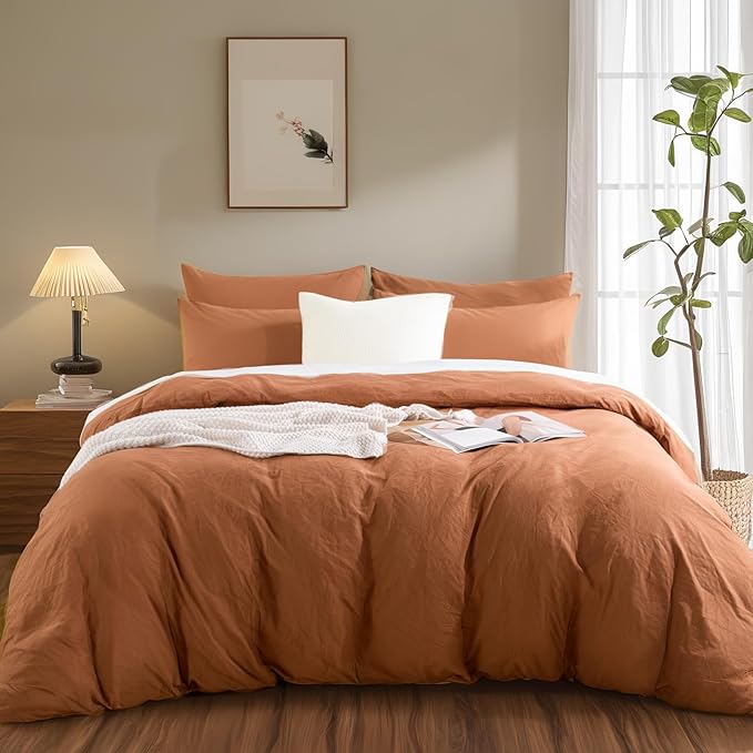 NEXHOME PRO Terracotta Burnt Orange Duvet Cover Set Queen Size Linen Textured Organic Natural 100% Washed Cotton Duvet Cover Caramel 3 Pieces Bedding Set with Zipper Closure Soft (No Comforter)