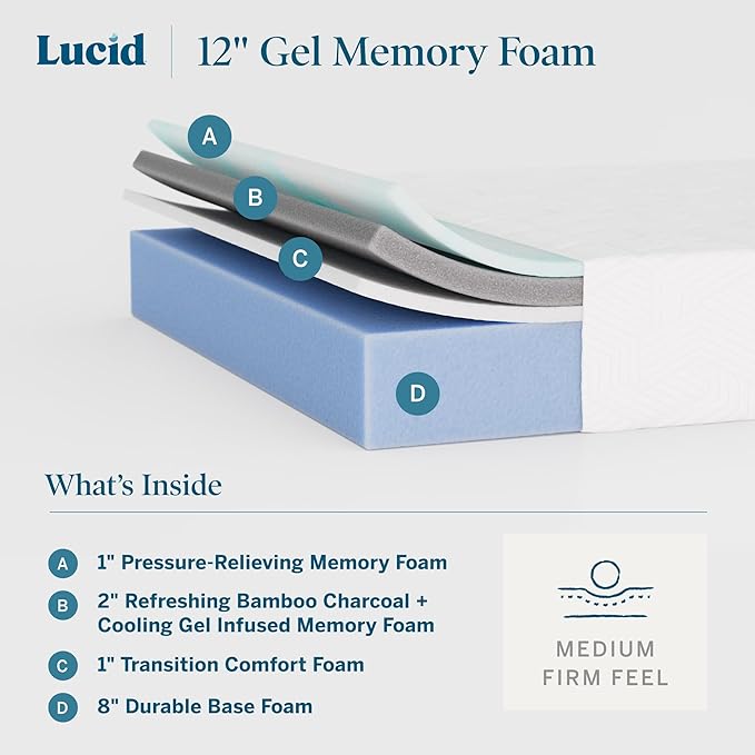 Lucid 12 Inch Memory Foam Mattress - Medium Firm Feel - Infused with Refreshing Bamboo Charcoal and Cooling Gel - Bed in a Box - Temperature Regulating - Pressure Relief - Breathable - Twin Size