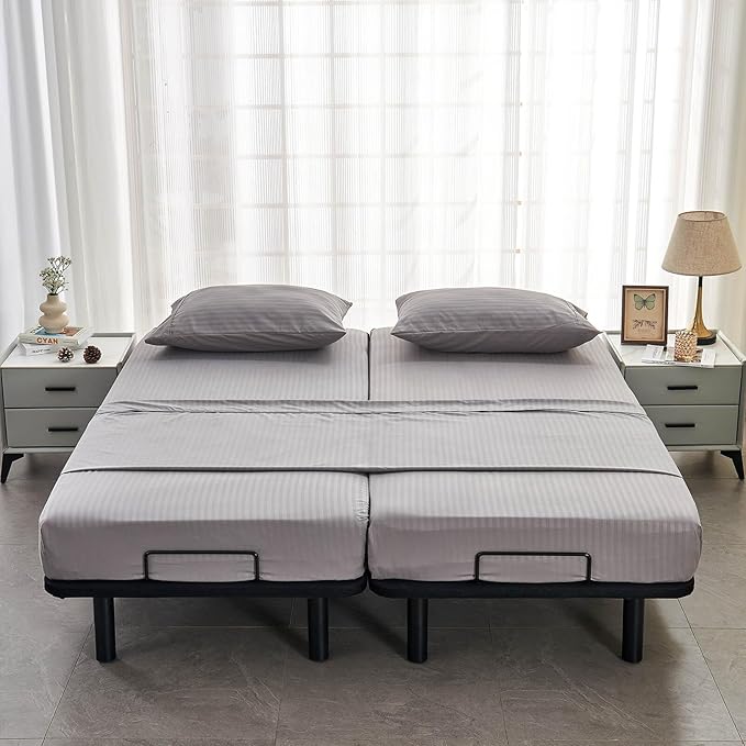 Kingnex Striped Split King Sheets Sets for Adjustable Bed with Deep Pocket Ultra Soft 1800 Brushed Microfiber 5 Pieces Include 2 Twin XL 39x80 Fitted Sheets 1 Flat Sheet 2 King Size Pillowcases Grey