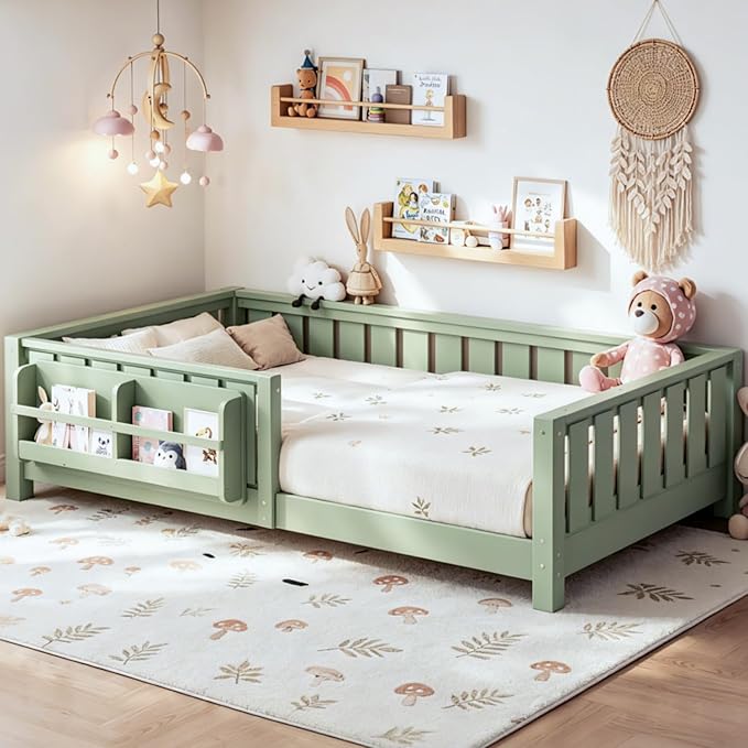 Bellemave Twin Floor Bed Frame with Fence & Bookshelf, Solid Pine Wood Twin Montessori Floor Bed with Slats Load 250LBS, Low Profile Floor Bed for Kids, Bedroom, Nursery, Easy Assembly, Green