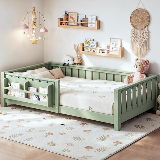 Bellemave Twin Floor Bed Frame with Fence & Bookshelf, Solid Pine Wood Twin Montessori Floor Bed with Slats Load 250LBS, Low Profile Floor Bed for Kids, Bedroom, Nursery, Easy Assembly, Green