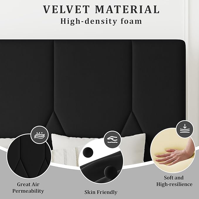 Queen Bed Frame, Padded Platform Bed Frame with Velvet Headboard, Vertical Quilted Design, Sturdy Slatted Mattress Base, No Spring Mattress Required, Easy to Assemble, Black