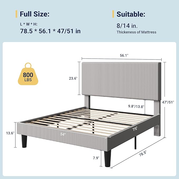 Allewie Full Size Upholstered Bed Frame with Vertical Channel Tufted Headboard, Soft Corduroy Fabric Platform Bed, Strong Wooden Slats Support, Easy Assembly, No Box Spring Needed, Light Grey