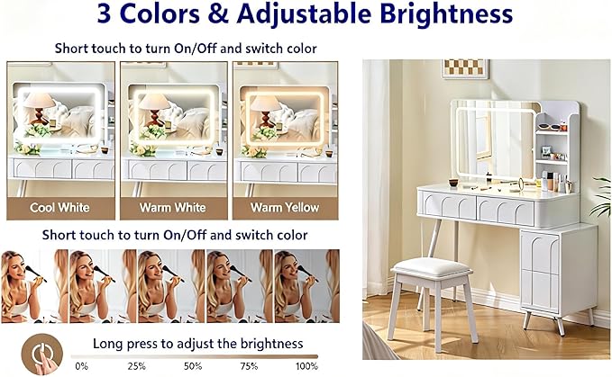 Casaphoria Makeup Vanity Desk with LED Lights & Mirror, 45.5" Dressing Table Set with 4 Drawers and Stool | White Bedroom Makeup Table with Dimmable Brightness, Space-Saving Design for Women & Teens