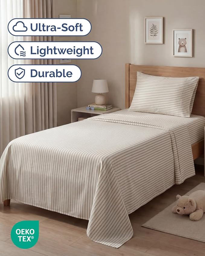 Twin Size 3 Piece Sheet Set - Comfy Breathable & Cooling Sheets - Hotel Luxury Bed Sheets for Women & Men - Deep Pockets, Easy-Fit, Soft & Wrinkle Free Sheets - Beige Stripes Oeko-Tex Bed Sheet Set