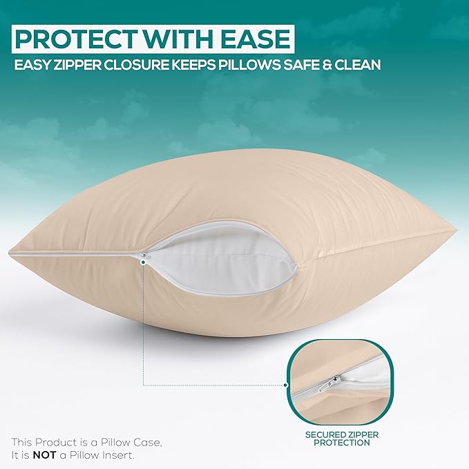 Utopia Bedding Premium 100% Waterproof Pillow Protectors with Zipper Standard Size (Set of 2), Bed Bug and Dust Mite Proof Zippered Pillow Covers, Pillow Encasement Cases, Beige