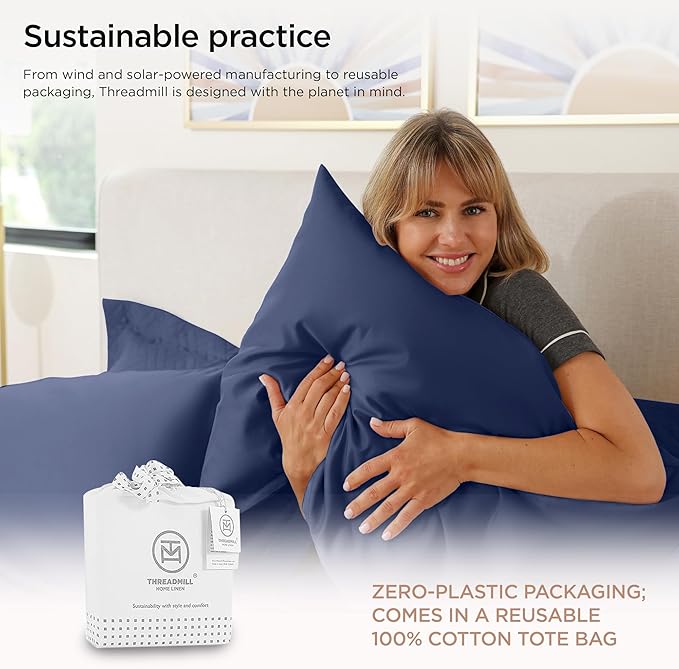 Threadmill King Size Pillow Cases 2 Piece Set | 1200 Thread Count 100% Supima Cotton Pillow Covers, Luxury Smooth Solid Sateen | Folkstone Blue
