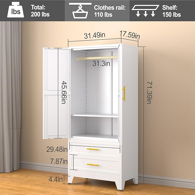 RIETERN Metal Armoire Wardrobe Closet, 71" Tall Bedroom Closet with 2 Drawers, Adjustable Shelves, and Hanging Rod, Steel Clothes Closets and Storage, for Bedroom White