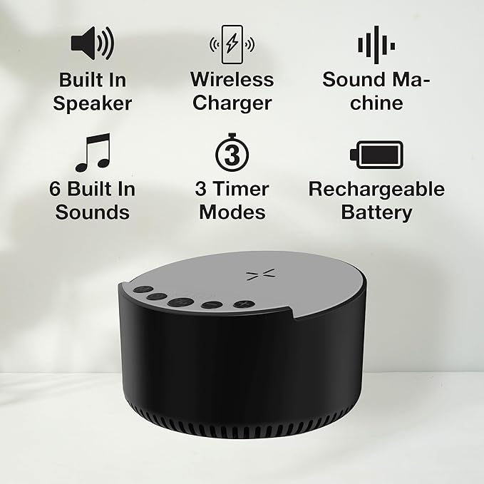 Sound Machine with Wireless Charger & Bluetooth Speaker – White Noise Sleep Aid with Memory Function, 6 Soothing Sounds, 3 Timer Modes – Compact Bedside Relaxation Device, Black