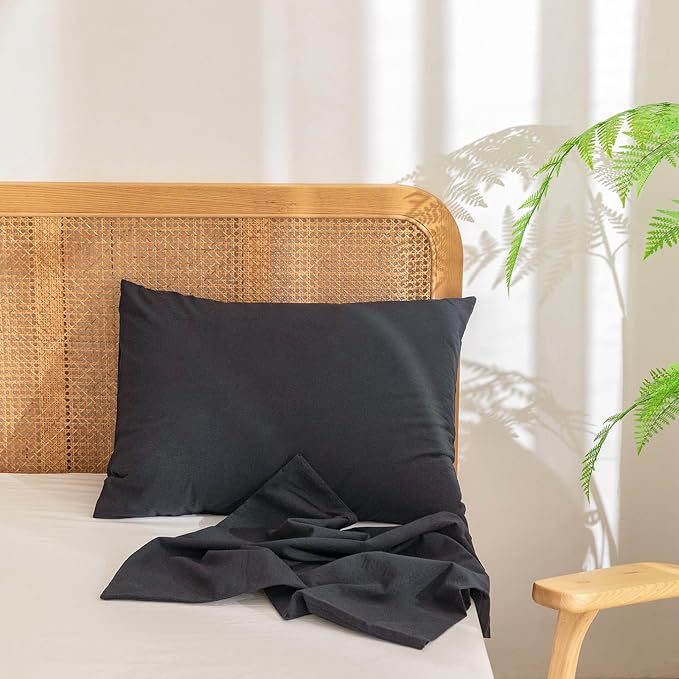 BESTOUCH 100% Washed Cotton Pillowcase for Hair and Skin Linen Feel Soft Comfortable Breathable 2 Set Pillow Case with Envelope Closure Solid Dark Black Standard 20x26 Inches