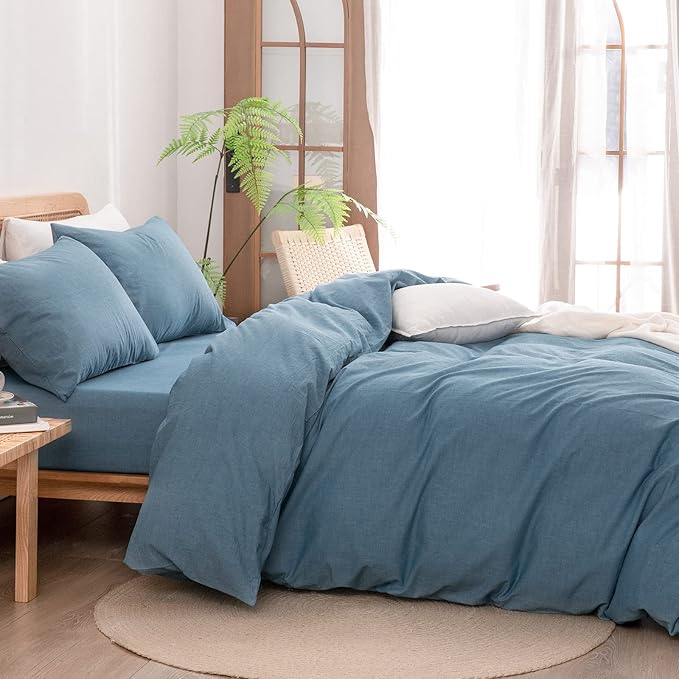 BESTOUCH Duvet Cover Set 100% Washed Cotton Linen Feel Super Soft Comfortable Chic Lightweight 3 PCs Home Bedding Set Solid Dark Blue Queen