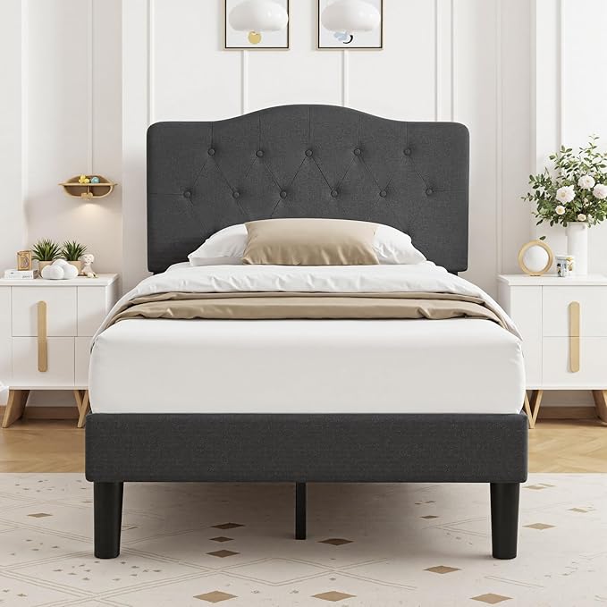 VECELO Twin Size Platform Bed Frame with Fabric Upholstered Headboard and Wooden Slats Support, No Box Spring Needed/Easy Assembly,Dark Grey