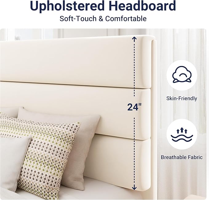 Allewie Queen Size Platform Bed Frame with Velvet Upholstered Headboard and Wooden Slats Support, Fully Upholstered Mattress Foundation/No Box Spring Needed/Easy Assembly, Cream