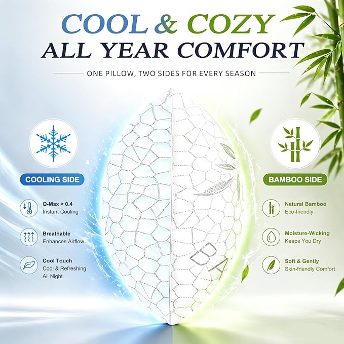 Yettbea Adjustable Shredded Memory Foam Pillows King Size Set of 2, Luxury Bamboo Cooling Pillow w/Washable Zippered Cover, Soft or Firm Support Bed Pillow for Side, Back, Stomach Sleeper