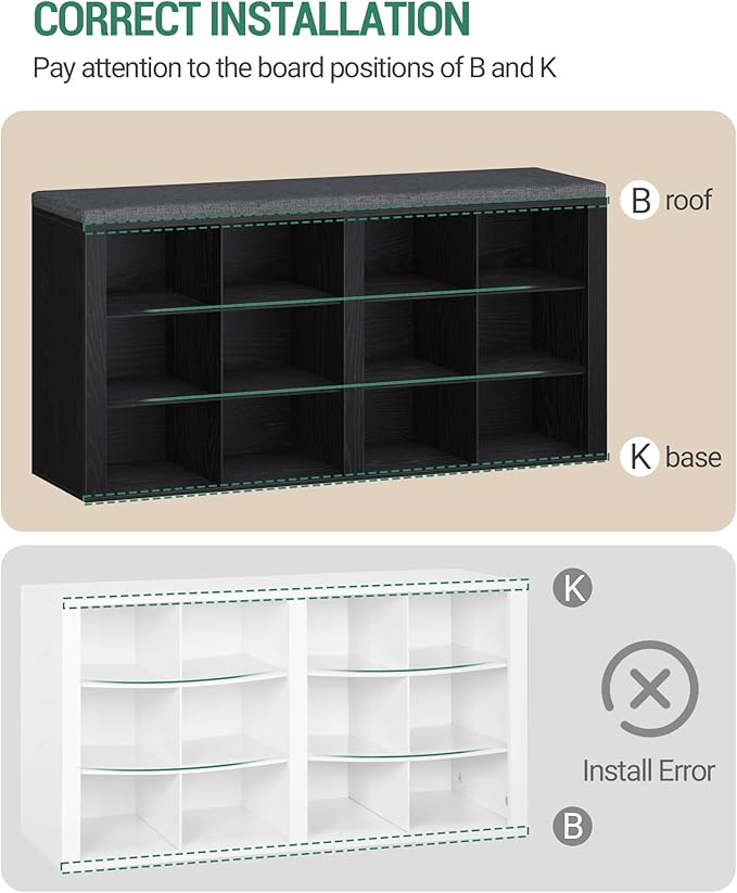 Hzuaneri Shoe Bench with Cushion, Entryway Storage Bench with 12 Cubbies, Cubby Shoe Rack with Adjustable Shelves, Shoe Organizer Cabinet for Living Room, Bedroom, Entryway, Black SB19004GY