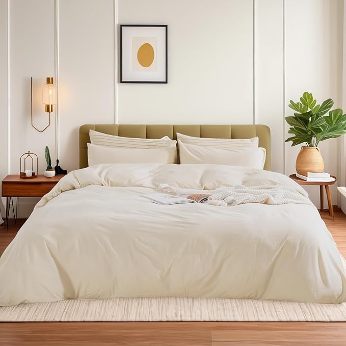 NEXHOME PRO Duvet Cover Set Queen Size Linen Feel Textured Organic Natural 100% Washed Cotton Duvet Cover 3 Pieces Bedding Set with Zipper Closure, Breathable, Soft (No Comforter)