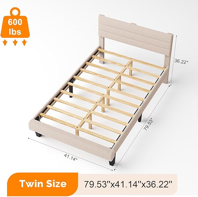 VINGLI Twin Bed Frame for Kids,Boucle Upholstered Platform Bed with Adjustable Headboard,Sturdy Wood Slats Support,Cloud Single Bed with Cream Design,Noise Free, Easy Assembly, Beige