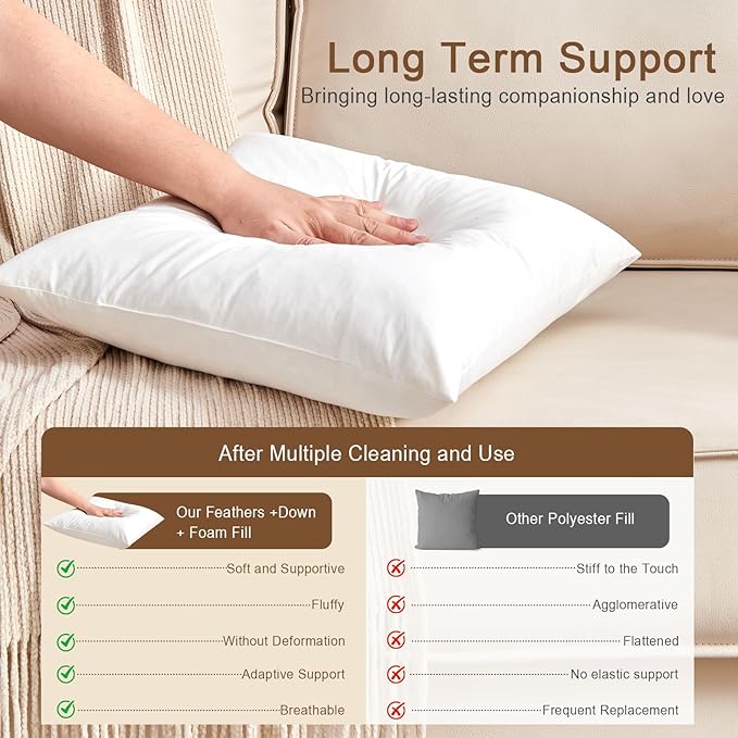Organic Feather Down Throw Pillow Inserts (24x24 Inch, Set of 2) - 100% Cotton Shell, Filling of Feathers, Square Decorative Pillow Form Core for Living Room Couch, Sofa, and Bed