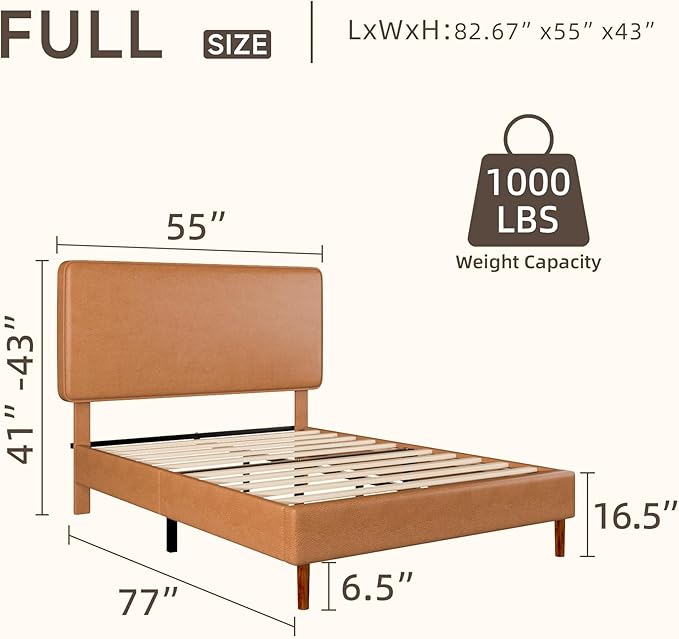 Full Size Leather Platform Bed Frame with Adjustable Upholstered Headboard, Solid Wooden Legs, No Box Spring Needed, Easy Assembly, Noise Free, Orange-Brown