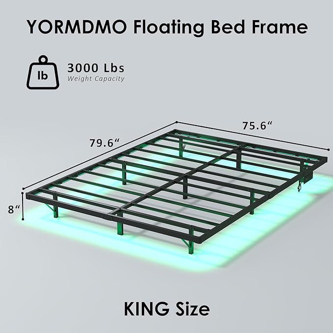 YORMDMO Floating Bed Frame King Size, Heavy Duty Bedframe with Smart LED Lights & Charging Station, Modern Metal Platform Bed, Easy Assembly No Box Spring Needed, 8 Inch
