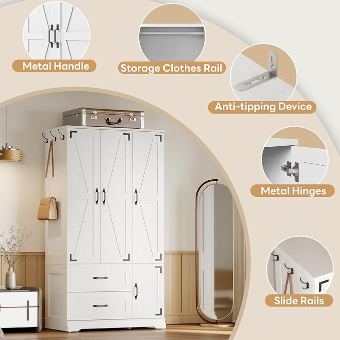 LIKIMIO Armoire Wardrobe Closet 71" H, Bedroom Wooden Wardrobe with 4 Doors and 2 Drawers, Farmhouse Clothing Storage Cabinet Combination with Hanging Rod, Shelves, and Hooks, White