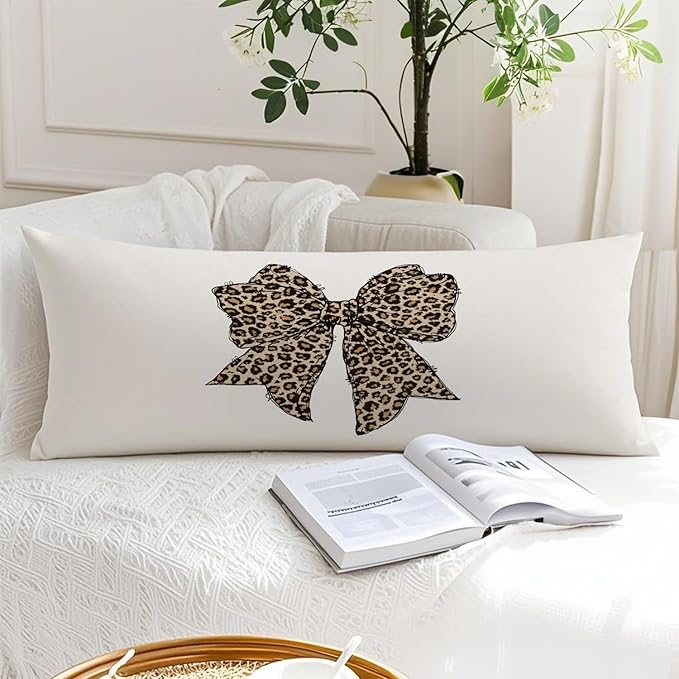 Trendy Coquette Leopard Bow 20x54 Body Pillow Cover, Coquette Room Decor, Cheetah Print Room Decor, Preppy Leopard Print Decorative Long Body Pillow Cases for Bed Couch