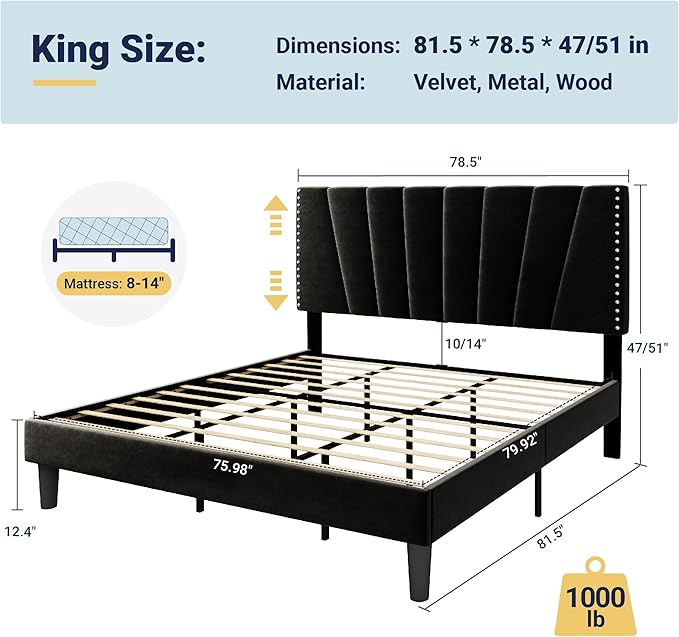 Allewie King Size Bed Frame with Adjustable Velvet Upholstered Headboard, Rivet-Style Nailhead Trim Detail Platform Bed Frame, Wooden Slat Support, No Box Spring Needed, Easy Assembly, Black