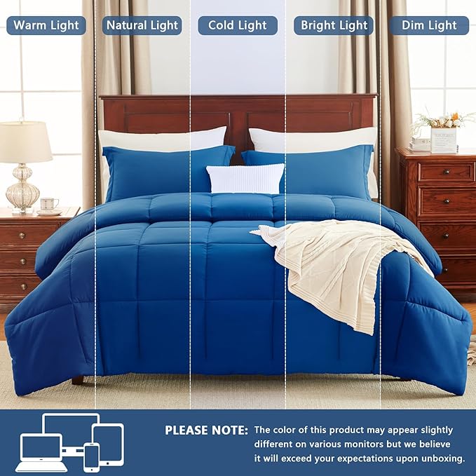 CozyLux Full Size Comforter Sets - 270GSM Classic Blue Bedding Sets for All Seasons, 3 Pieces Box Stitched Bed Set with 1 Down Alternative Comforter and 2 Pillow Shams, Soft, Lightweight, Breathable