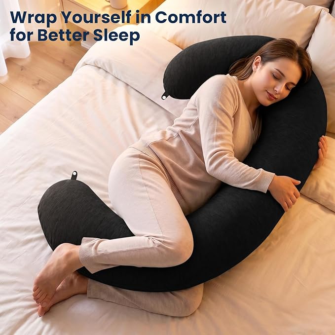 TranquilRelax C Shaped Body Pillow for Side Sleepers, Memory Foam Long Pillow for Leg, Hip & Back Support, Soft Washable Cover,Black-53 * 10"