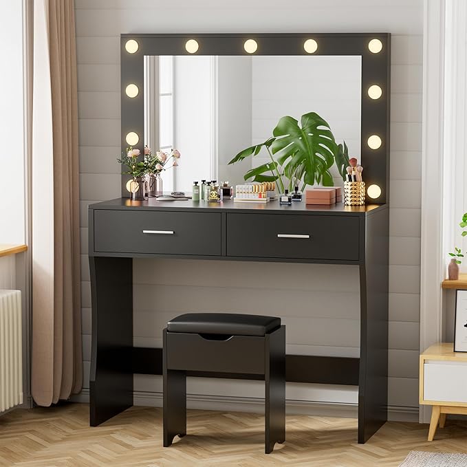 YESHOMY Vanity Desk with Mirror, Power Outlet and 11 Lights, Makeup Table with 2 Drawers, 3 Color Modes Available for Bedroom, Ash Black