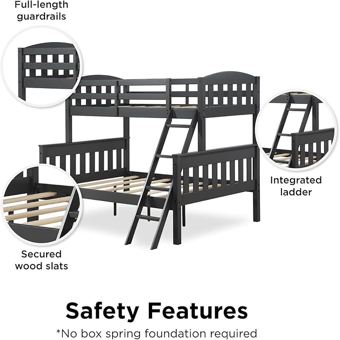 DHP Airlie Convertible Wood Bunk Bed Twin Over Full Size, Stackable and Detachable Bed Frames for Kids, Teens, Angled Ladder, High Guardrail, Wood Slats, No Boxspring Required, Grey