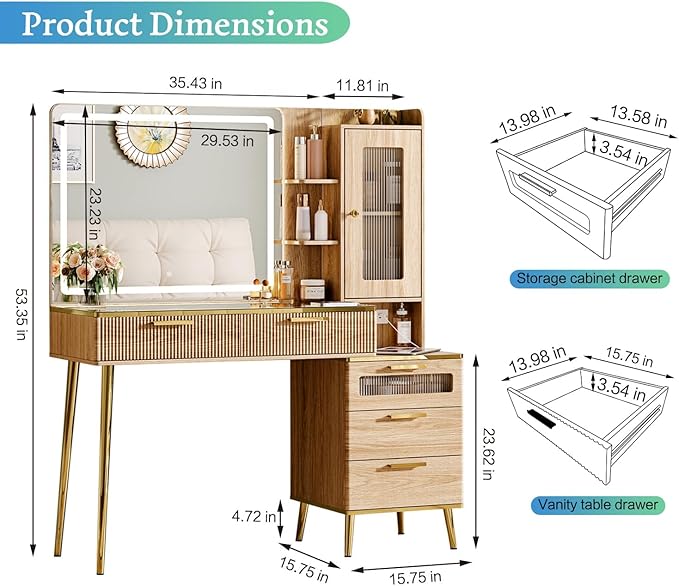 Arulvmrn Vanity Desk with 29.53" HD Lighted Mirror, 47.24" Big Modern Vanity Desk with Mirror and Lights, Makeup Vanity with 5 Drawers and Storage Shelves and Charging Station, Oak
