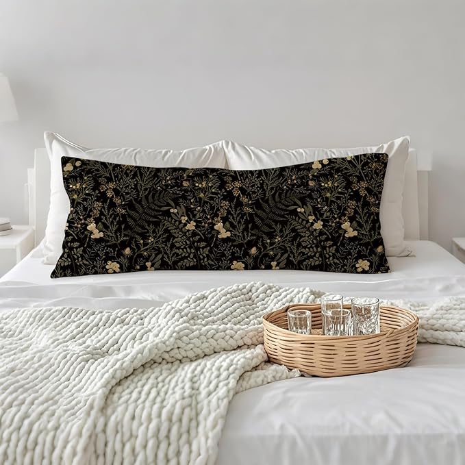 Moody Floral Botanical 20x54 Body Pillow Cover, Dark Aesthetic Room Decor, Rustic Dark Cottagecore Gold Plants Flower Botanical Decorative Long Body Pillow Cases for Bed Couch