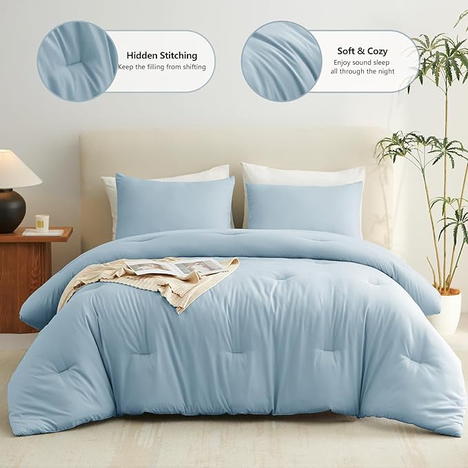 CozyLux Full Size Comforter Set Light Blue, 3 Pieces Solid Breathable Quilted Bedding Sets, Luxury Lightweight Soft Bed Set with Down Alternative Comforter and 2 Pillowcases for All Seasons