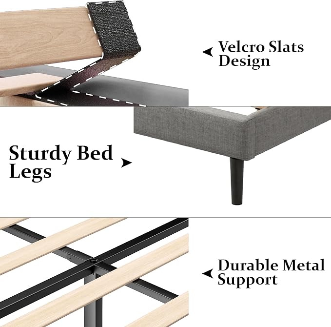 Gruwans Queen Size Bed Frame with Upholstered Wingback Headboard, Easy Assemnly Platform Bed, Wooden Slat Support No Box Spring Needed, Light Gray