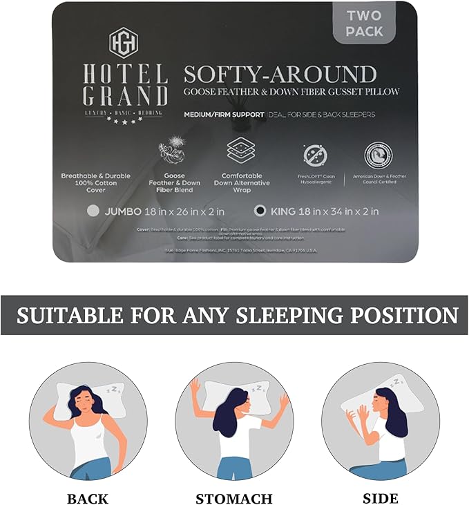 Hotel Grand Luxury Goose Feather & Down Fiber Pillows King Size Set of 2, Firm Support Gusseted Design, 100% Cotton Cover, No-Flat Fluffy Comfort for Side and Back Sleepers
