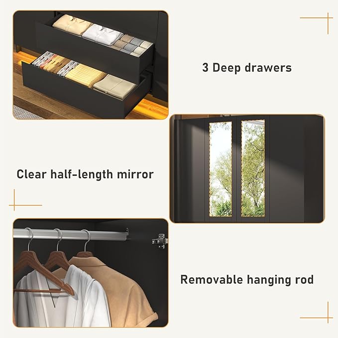 4 Doors Armoire Wooden Wardrobe Closet with 3 Drawers & 2 Mirror, 75"H Clothing Storage Cabinet with Hanging Rod,Modern Bedroom Large Freestanding Armoires with Led Lights for Bedroom, Black