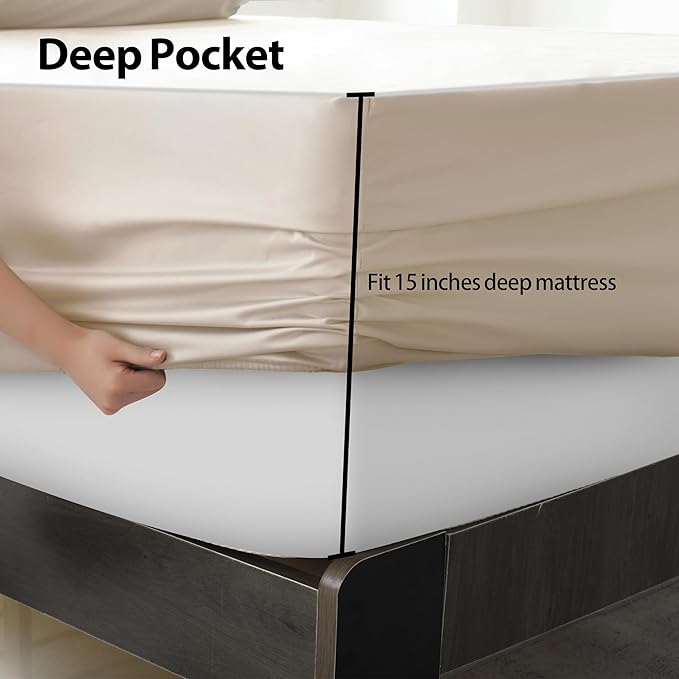 2-Pack Pure Cotton Bottom Sheet Queen Size, 600 Thread Count 16" Deep Pocket Egyptian Cotton Fitted Sheet (2-Pack, Queen, Beige)