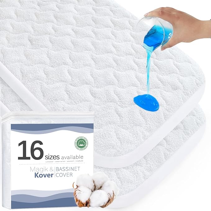 Bassinet Mattress Pad Cover 33" x 20"-Fit for Koola Baby, Mika Micky, ANGELBLISS, YADAQE, BCOL, Baby Delight, Dream On Me,Papablic, AMKE, Waterproof Bassinet Mattress Protector, Cotton Terry Surface