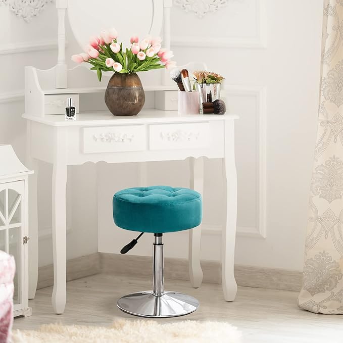 LUE BONA Adjustable Vanity Stool, 360 Swivel Chair for Makeup Room, Vanity Chairs, Teal Faux Leather Stool for Bathroom & Living Room