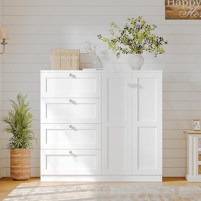 VOWNER Armoire Wardrobe Closet with 4 Drawers and 2 Doors, 43''H Clothing Storage Cabinet Dresser with Hanging Rod, Cothes Wardrobe for Bedroom, Baby Closet, White